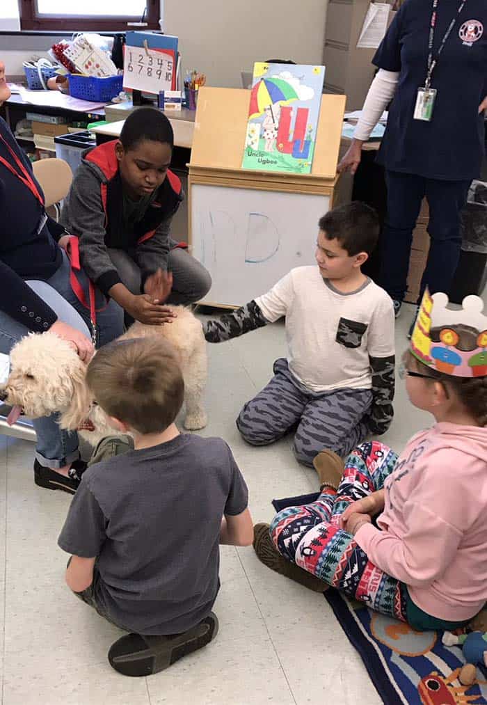 Former principal Alysson Keelen brought her mini golden doodle, Yogi Edward Keelan, back to where his journey to becoming a therapy dog began: Memorial School. (Photo courtesy Ray Gredder, Memorial School)