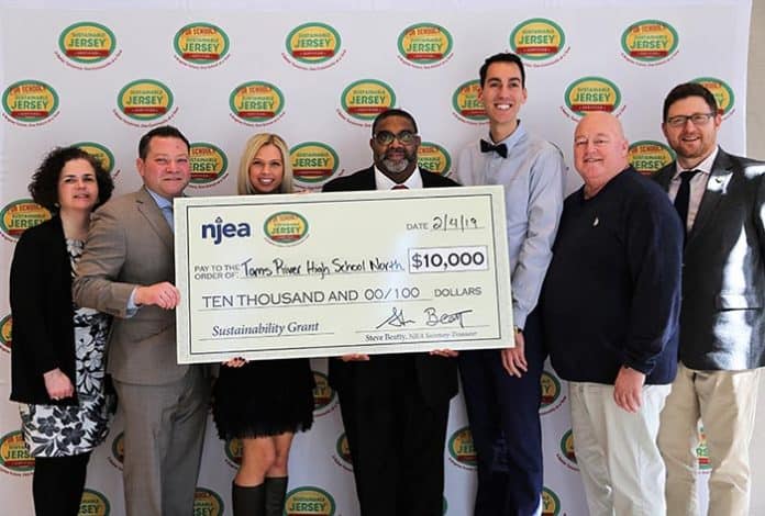 From left to right: Anne Marie Peracchio, chairperson, Sustainable Jersey Board of Trustees; Steve Beatty, secretary treasurer, New Jersey Education Association; High School North teacher Jennifer Huey; Michael Rollins, field representative in the Organizational Development Unit, New Jersey Education Association; HSN teacher Kyle Seiverd; TREA President Scott Campbell; and Randall Solomon, director, Sustainable Jersey. (Photo courtesy of Sustainable Jersey for Schools)