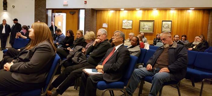 A crowded audience is seen listening to one of many speakers on the subject of anti-Semitism during a Township Council meeting. (Photo by Bob Vosseller)