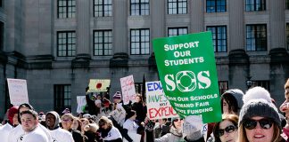 Students, parents and staff rallied at the State House annex March 5 to protest school aid cuts around the same time Governor Murphy presented his $38.6 billion budget for FY2020. (Photo by Jennifer Peacock)