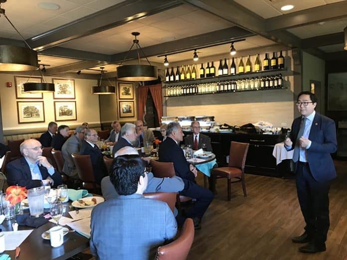 Congressman Andy Kim speaks to elected officials at the Ocean County Mayors Association meeting held at the Grove restaurant. (Photo by Chris Lundy)