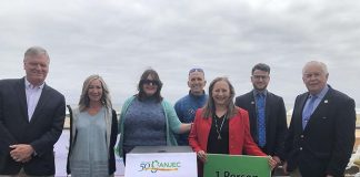 From left: Bradley Beach NJ Mayor Gary Engelstad; Helen Henderson, American Littoral Society; Jennifer M. Coffey, ANJEC Executive Director; John Weber, Surfrider; Noemi de la Puente, NJ Environmental Lobby; Zack Karvelas, Clean Ocean Action; and NJ Dist. 11 Assemblyman Eric Houghtaling. (Photo courtesy The American Littoral Society)