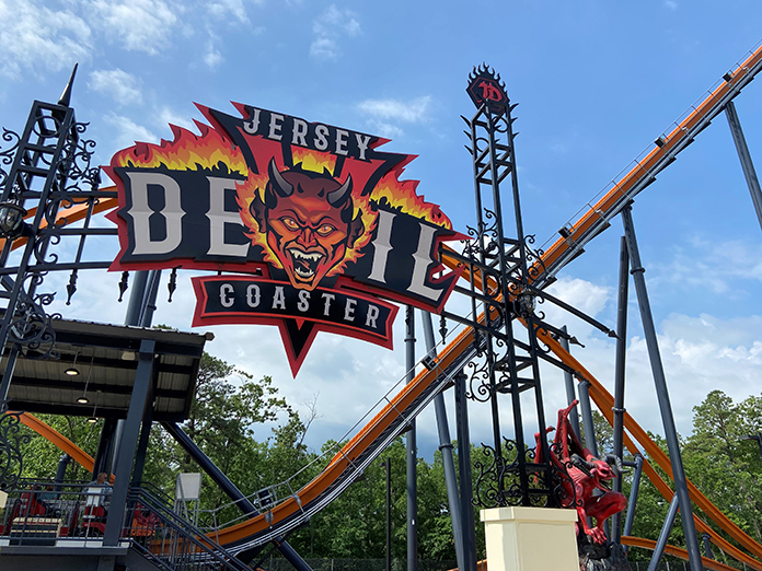Jersey Devil coaster front row with Horizon Lock at six flags